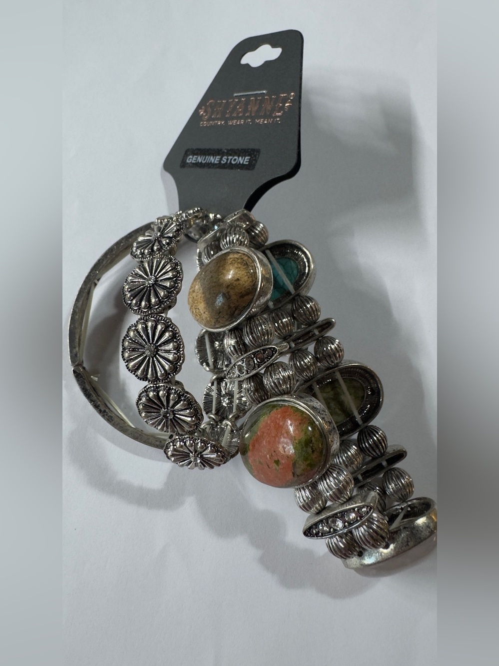 Shyanne Silver-Tone Stack Bracelets with Green and Coral Stone Accents